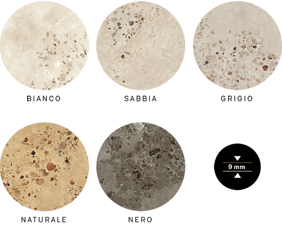 The colors of the tiles I Cocci Siciliani (9mm thick): Bianco, Sabbia, Grigio, Naturale et Nero